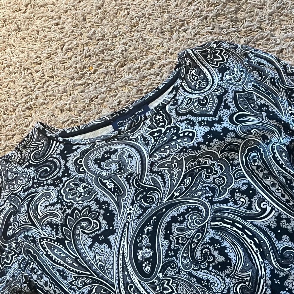 Jones New York Signature Petite Black‎ White Paisley Long Sleeve Top PL Large